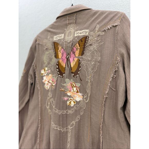 The Pyramid Collection Womens Brown Embroidered Floral Button Down Shirt Top XL - Picture 3 of 11